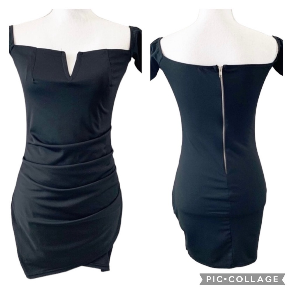Bar III Mini Dress Size XS NWT Black HOCO Split V-Neck Short Sleeve Bodycon